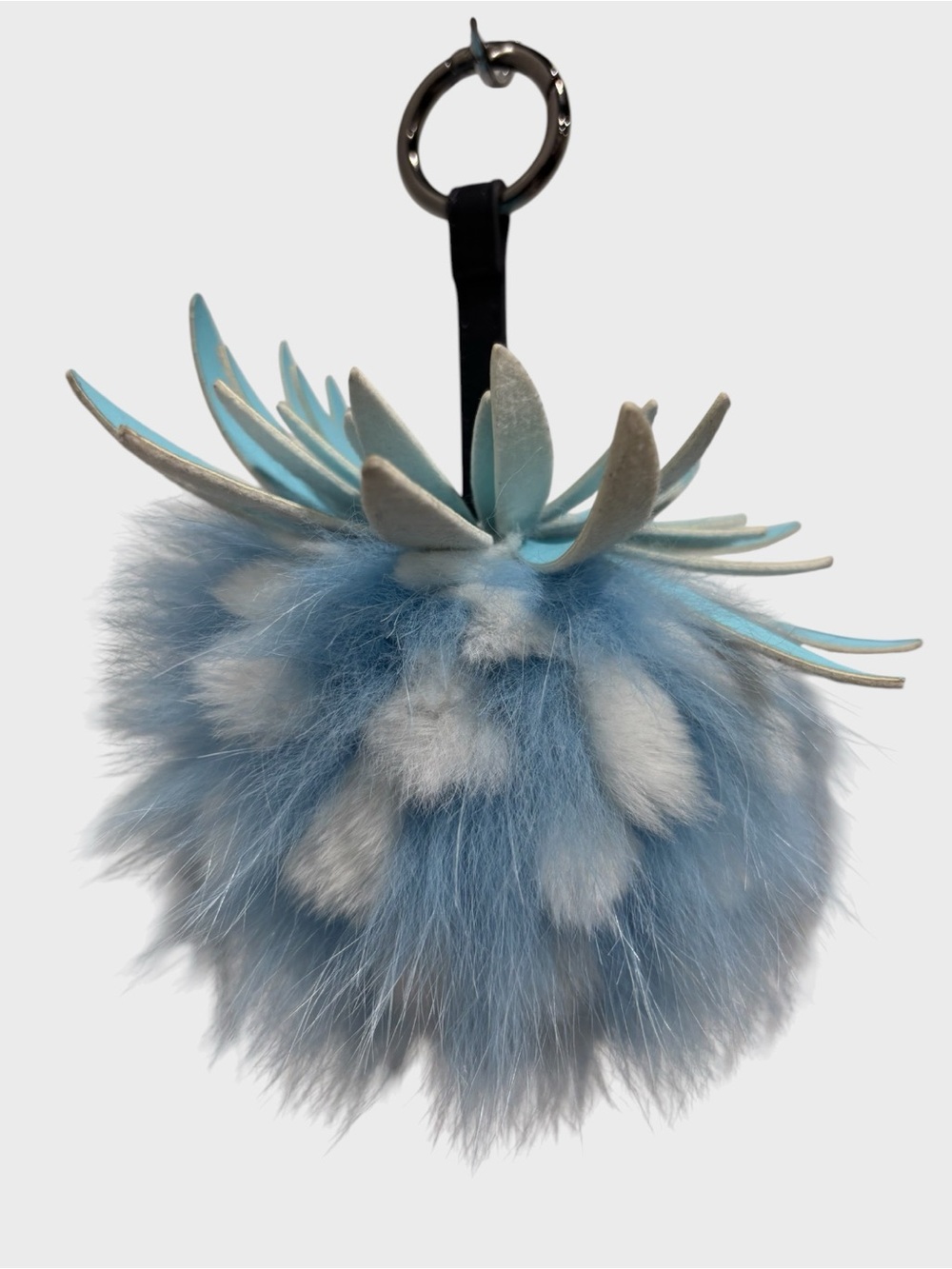 Blue & White Fluffy Real Fur Pom Keychain